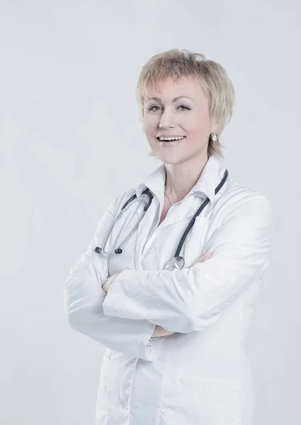 Retrato de mulher praticando physician.isolated no branco — Fotografia de Stock