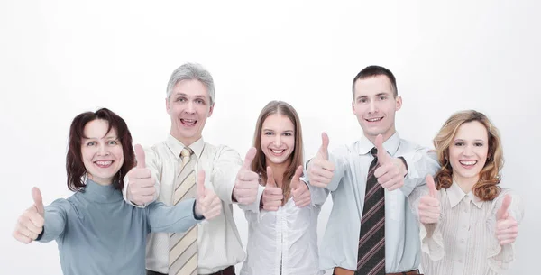 Equipe de negócios de sucesso mostrando polegares up.isolated no branco — Fotografia de Stock