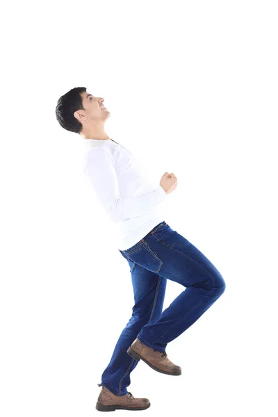 Concepto de éxito en los negocios: un empresario triunfante está bailando sobre fondo blanco — Foto de Stock