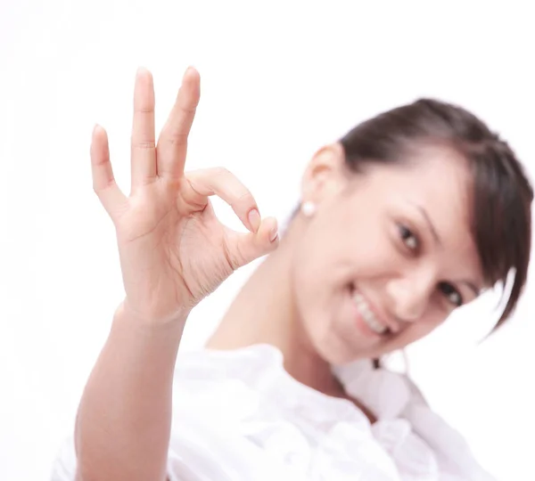 Closeup.successful young woman showing the sign OK — Stock Photo, Image