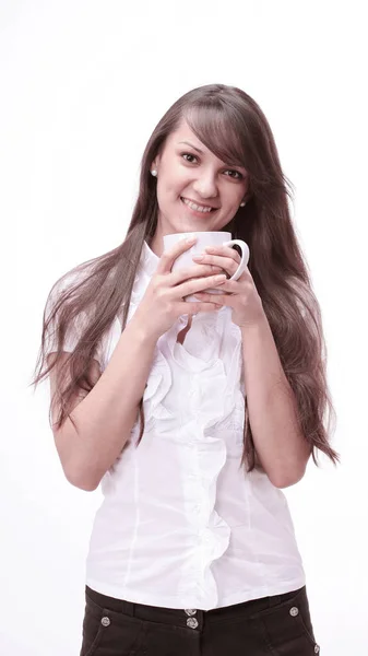 Portrait of beautiful young woman holding a Cup of tea — Stock Photo, Image