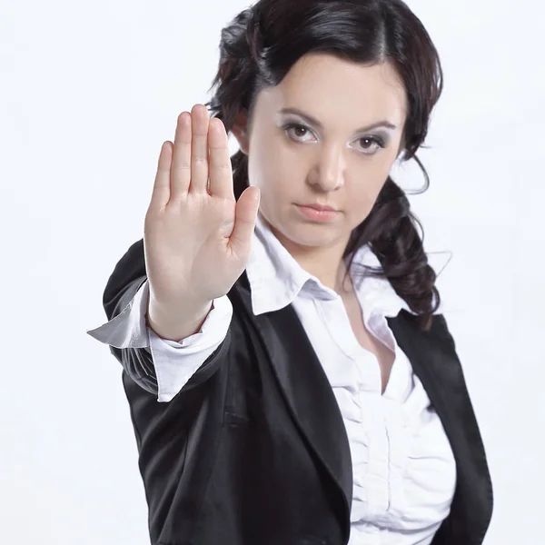 Mulher de negócios fazendo stop sign - isolado sobre branco — Fotografia de Stock