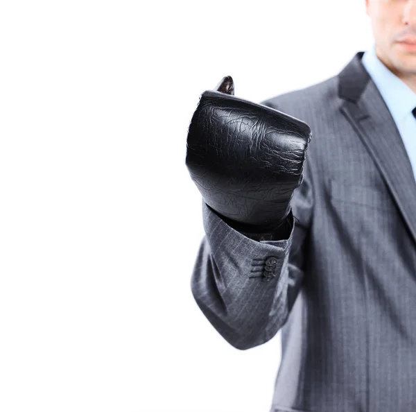 Jovem empresário em luvas de boxe. Isolado em fundo branco com espaço de cópia para texto — Fotografia de Stock