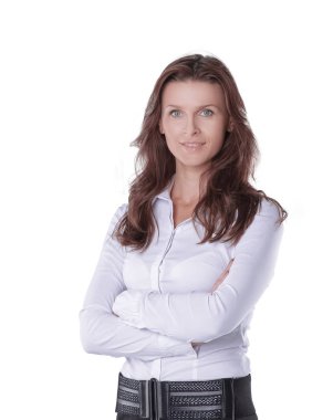 Beyaz arka plan üzerinde izole kendine güvenen genç iş kadını