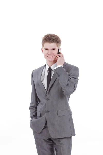 Closeup.young hombre de negocios hablando por teléfono móvil. aislado en blanco —  Fotos de Stock