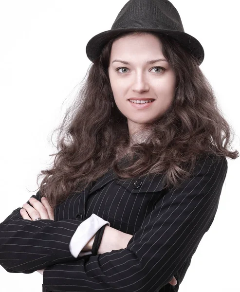 Stylische junge Frau in Anzug und Hut. — Stockfoto