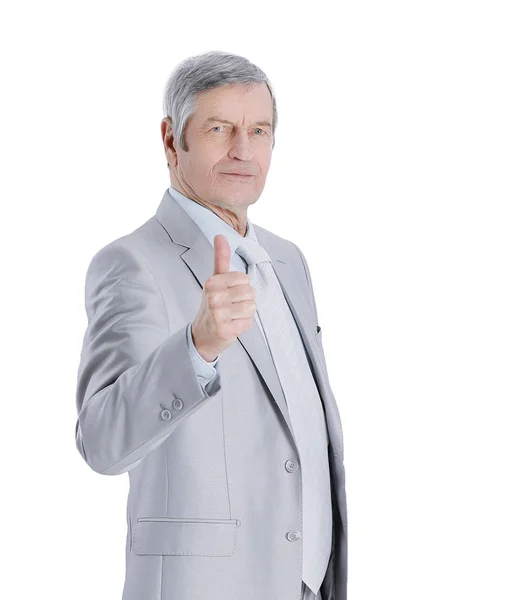 In full growth.Mature businessman showing thumb up — Stock Photo, Image