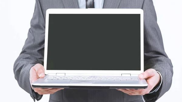 Manager mostrando el ordenador portátil abierto .isolated en blanco — Foto de Stock