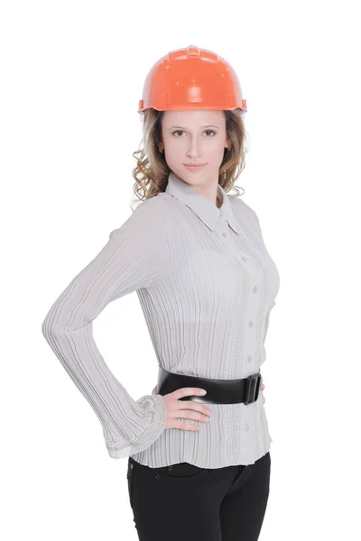 Retrato de engenheiro feminino confiante .isolated no branco — Fotografia de Stock