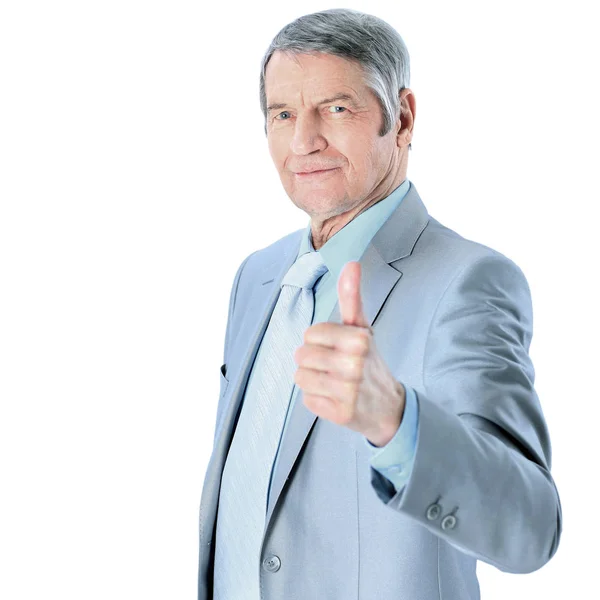 Nice businessman at the age, thumb up. Isolated on a white background. — Stock Photo, Image