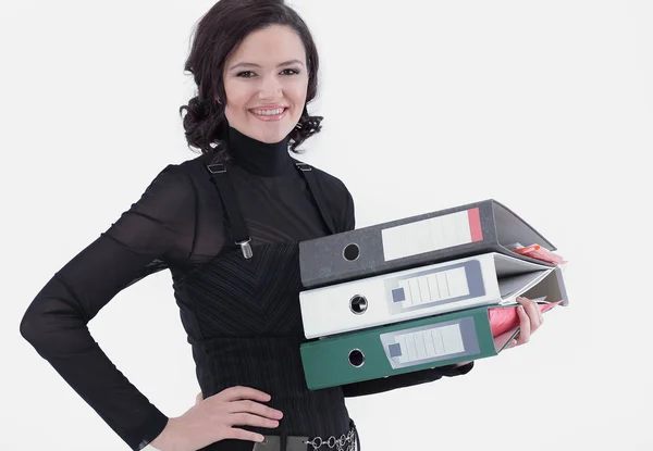 Portrait of young business woman with documents — Stock Photo, Image