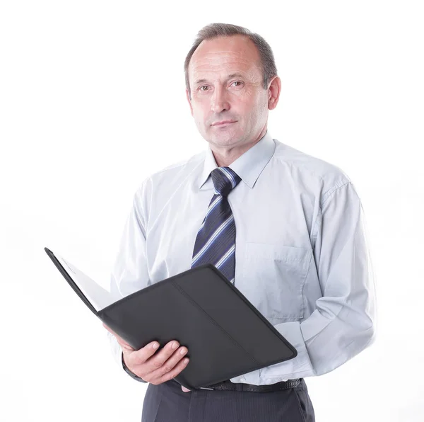 Serio uomo d'affari con un clipboard.isolated su bianco — Foto Stock