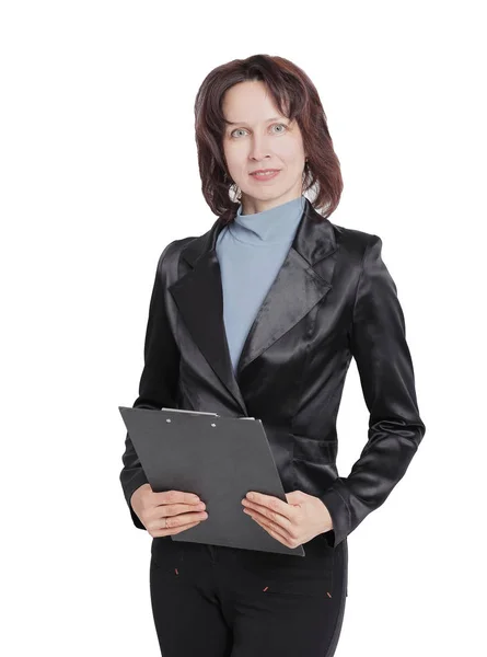 Современная деловая женщина с документами .isolated на белом — стоковое фото