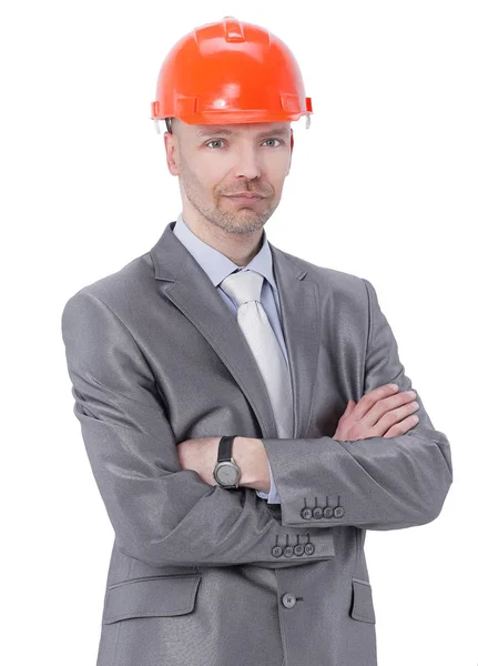 Portrét jistý inženýr v oranžovou helmu. — Stock fotografie
