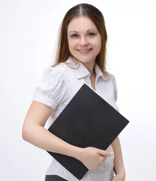 De student van het meisje met laptop. geïsoleerd op wit . — Stockfoto