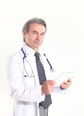 Dijital tablet .isolated beyaz arka plan üzerinde terapistle