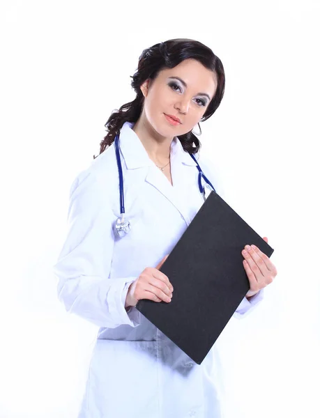 Lékař pediatr s schránky izolovaných na bílém pozadí — Stock fotografie