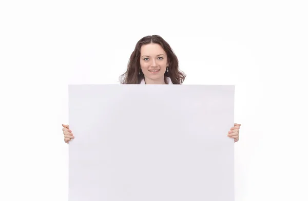 Donna d'affari di successo mostrando poster.isolated bianco su bianco — Foto Stock
