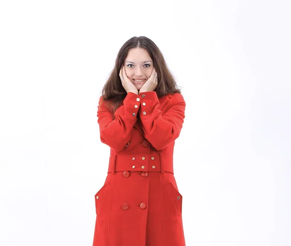 Feliz jovem mulher em um casaco vermelho .isolated no branco — Fotografia de Stock