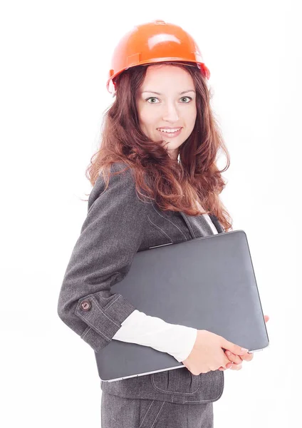 Arquiteto feminino com laptop.isolated em um branco — Fotografia de Stock