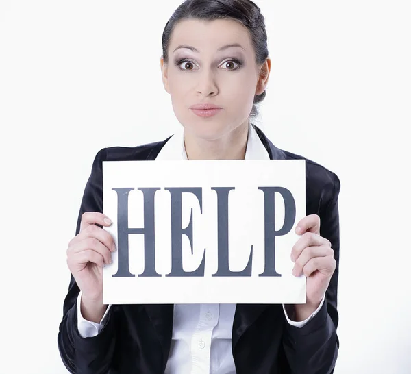 Frustrerad business kvinna visar papper, skriva hjälp — Stockfoto