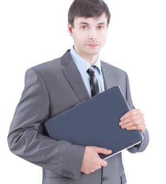 beyaz bir laptop.isolated ile genç işadamı