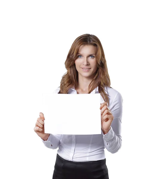 Νεαρή γυναίκα δείχνει κενό sheet.isolated σε λευκό — Φωτογραφία Αρχείου