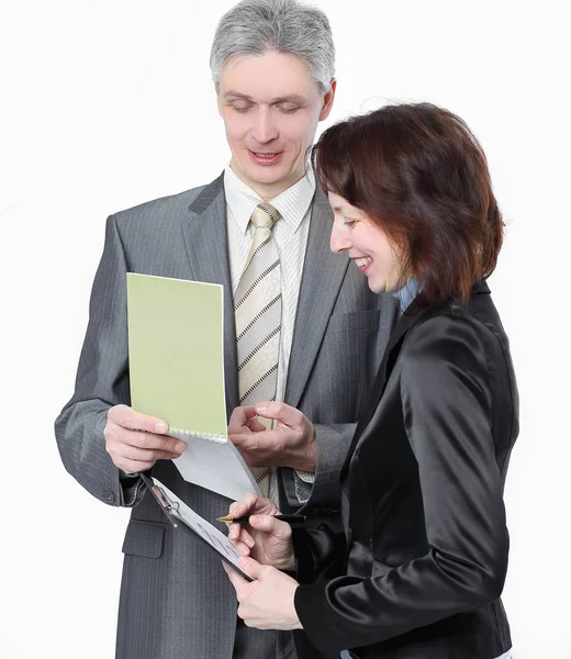 Unternehmer und Assistentin diskutieren über Arbeitsfragen. — Stockfoto