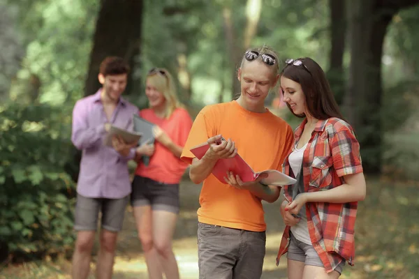 Dva páry studentů s schránek mluví v parku — Stock fotografie