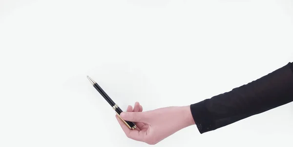 Το χέρι της γυναίκας επιχειρήσεων επισημαίνοντας με στυλό σε ένα σημείο στην κενή οθόνη — Φωτογραφία Αρχείου