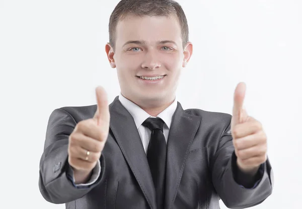 Close up.successful businessman of the showing thumbs up — Stock Photo, Image