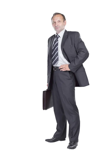 Full growth. confident businessman with leather briefcase — Stock Photo, Image