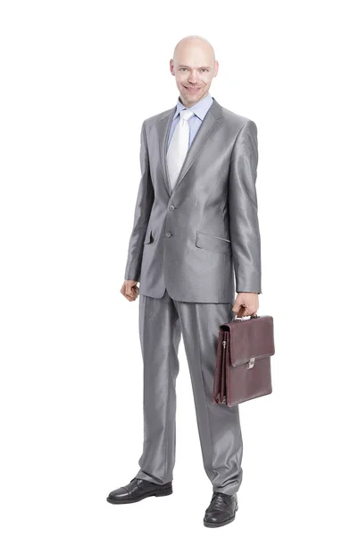 Dans la pleine croissance.bel homme d'affaires avec un porte-documents en cuir.. — Photo