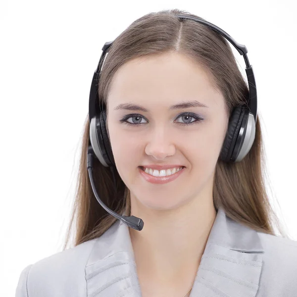 Closeup.portrait de um call center de funcionários com fone de ouvido . — Fotografia de Stock