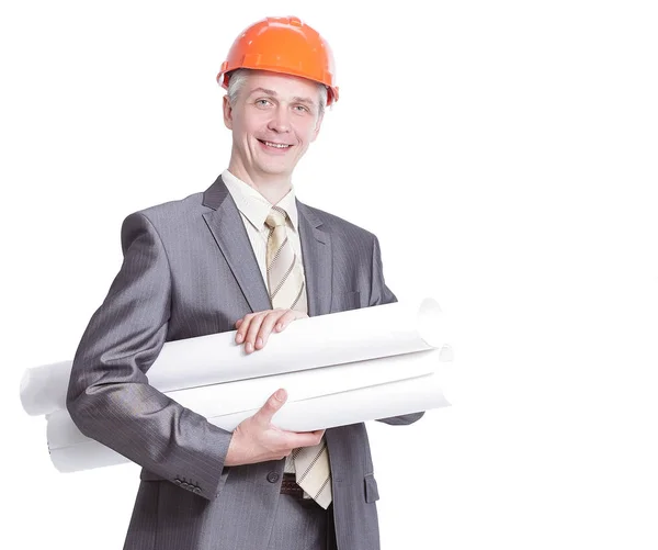 Retrato de arquiteto engenheiro confiante com os desenhos — Fotografia de Stock