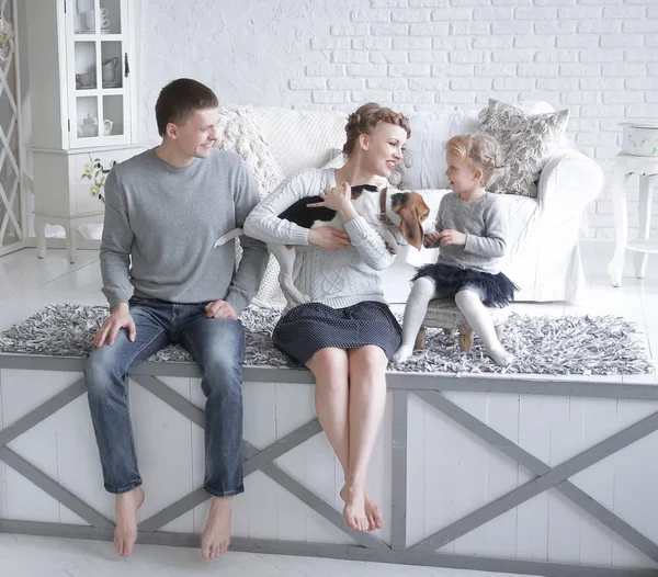 Parents and little girl playing with a dog — Stock Photo, Image