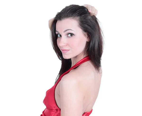 Nahaufnahme. Porträt einer jungen Frau im roten Kleid — Stockfoto