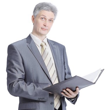 Documents.isolated üzerinde beyaz ile Executive iş adamı