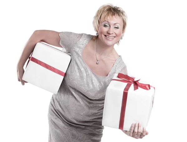 Closeup.Beautiful nő, ajándék boxes.isolated, fehér — Stock Fotó
