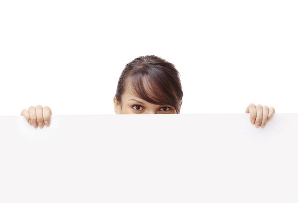 young business woman showing blank poster