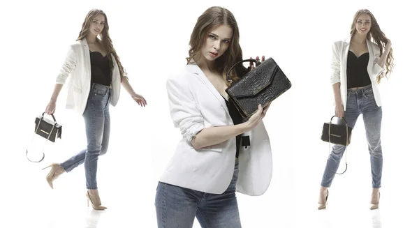 Tres mujeres elegantes con el bolso de las mujeres de moda .isolated en blanco — Foto de Stock