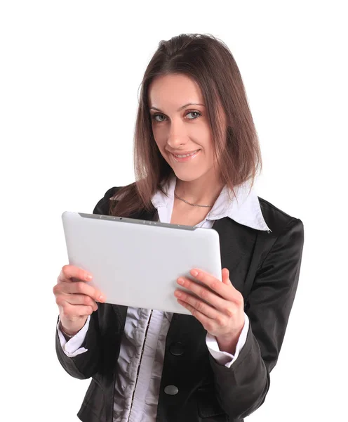 Επιτυχημένη γυναίκα των επιχειρήσεων με ψηφιακό tablet.isolated σε λευκό φόντο — Φωτογραφία Αρχείου