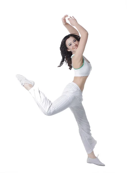 Cute young woman dancing happily.photo on white background Stock Photo