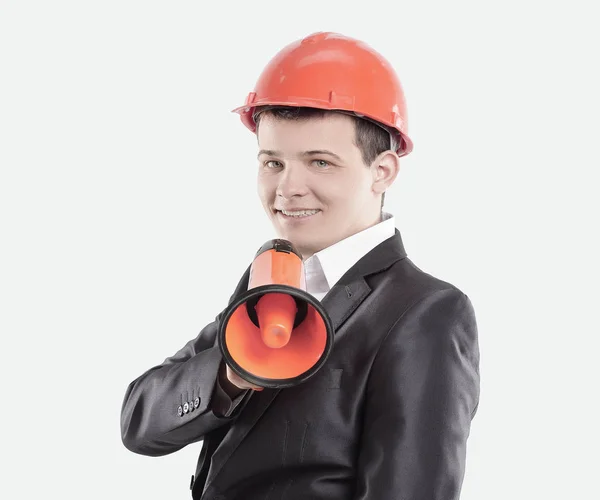 Joven ingeniero con un megaphone.isolated en blanco — Foto de Stock