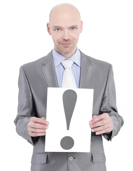 Confident businesswoman holding poster with an exclamation point — Stock Photo, Image