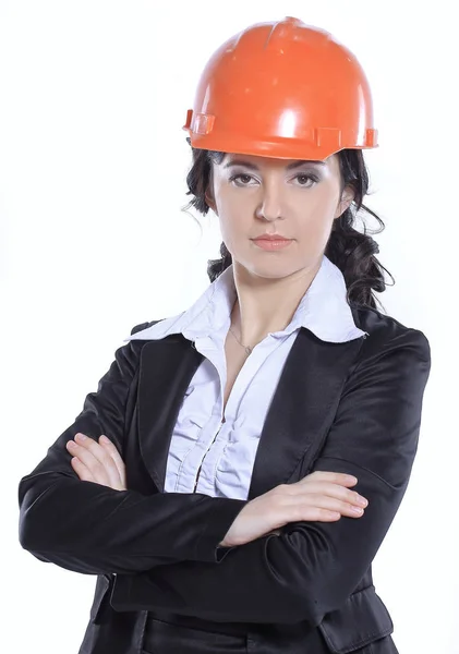 Zakelijke vrouw ingenieur in rode beschermende helm. geïsoleerd op witte achtergrond — Stockfoto