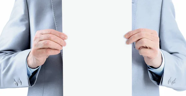Fecha. empresário mostrando uma folha em branco — Fotografia de Stock