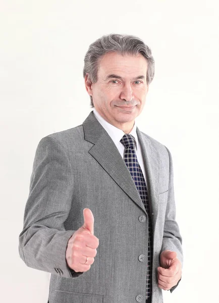 Empresário confiante mostra polegar up.isolated no fundo branco — Fotografia de Stock