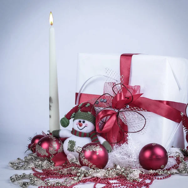 Closeup.cute toy snowman and various Christmas decorations — Stock Photo, Image