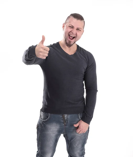 Homem muscular feliz mostrando polegar up.isolated no branco — Fotografia de Stock